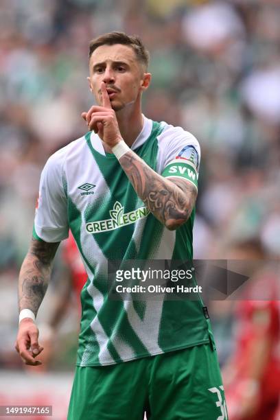 Marco Friedl of SV Werder Bremen reacts during the Bundesliga match between SV Werder Bremen and 1. FC Köln at Wohninvest Weserstadion on May 20,...