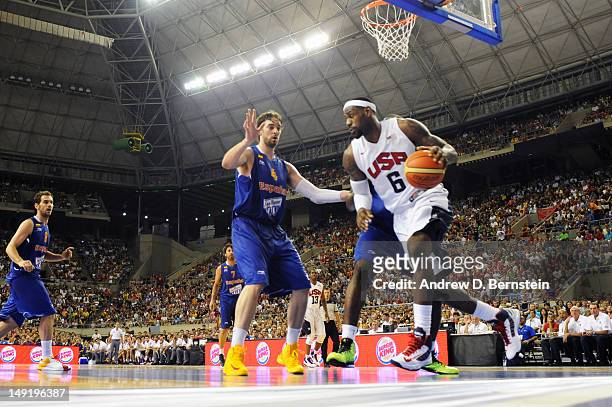LeBron James of the US Men's Senior National Team drives along the baseline during a game against the Spanish Men's Senior National Team at Palau...