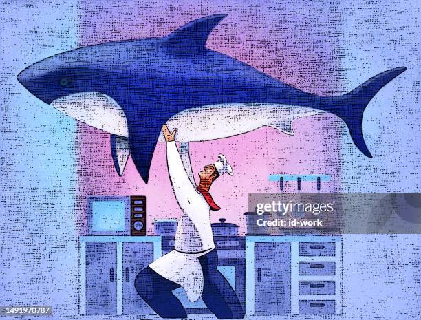 chef lifting shark in kitchen - man making breakfast stock illustrations