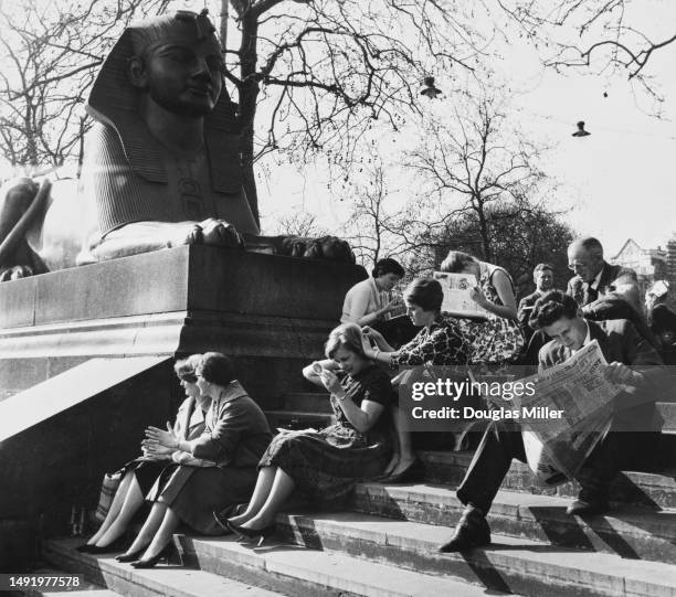 Londoners take advantage of the warm weather by reading newspapers as well as some impromptu hairdressing on steps beside a bronze Sphinx on the...