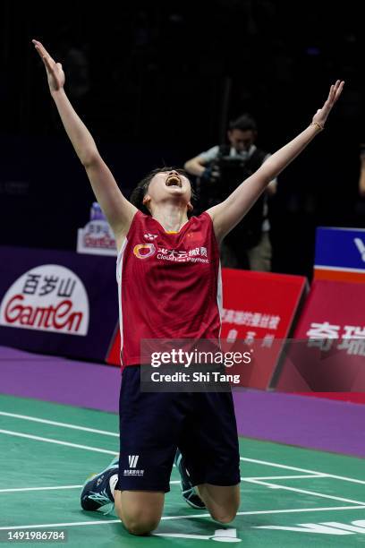 Chen Yufei of China celebrates the victory in the Women's Single Final match against An Se Young of Korea during day eight of the Sudirman Cup at...
