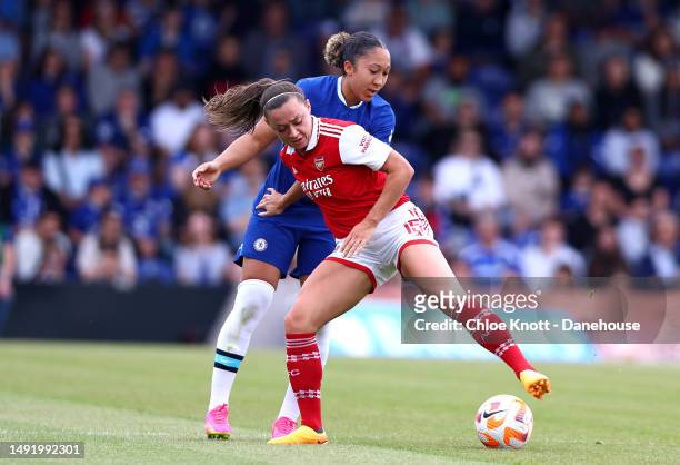 Lauren James of Chelsea and Katie McCabe of Arsenal Women battle for the ball during the FA Women's Super League match between Chelsea and Arsenal at...
