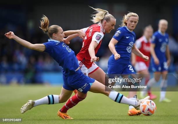 Stina Blackstenius of Arsenal is challenged by Magdalena Eriksson of Chelsea during the FA Women's Super League match between Chelsea and Arsenal at...