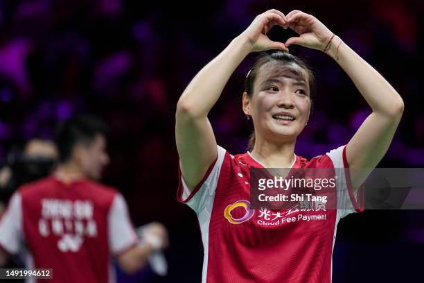 Zheng Siwei and Huang Yaqiong of China celebrate the victory in the Mixed Double Final match against Seo Seung Jae and Chae Yu Jung of Korea during...