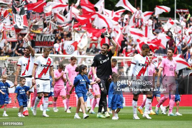 Stole Dimitrievski of Rayo Vallecano acknowledges the fans as they take to the field prior to the LaLiga Santander match between Rayo Vallecano and...