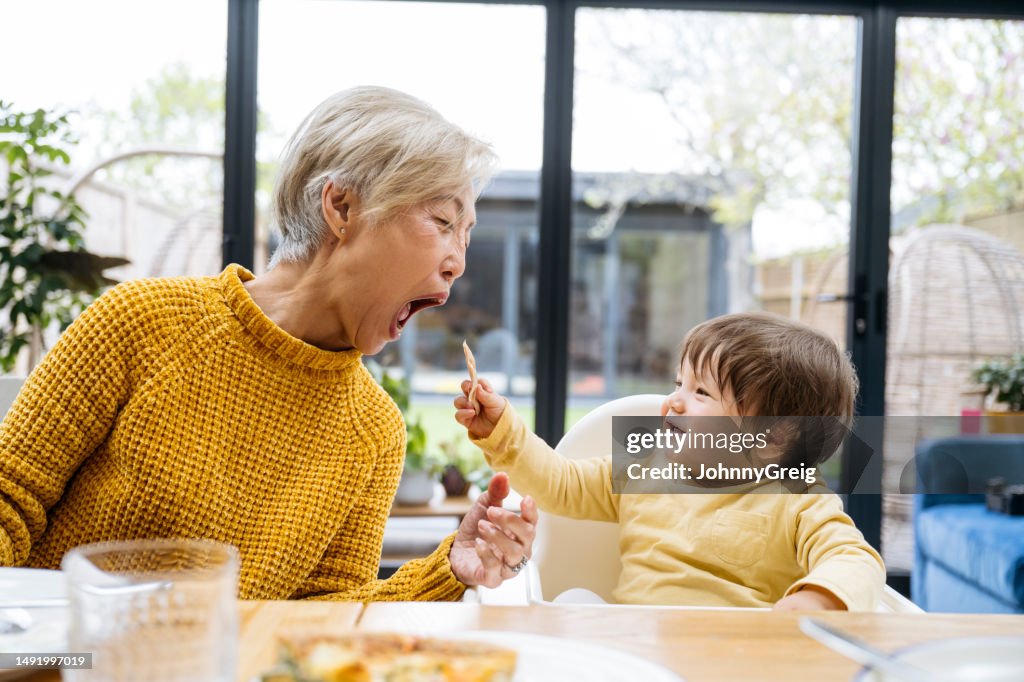 Baby grandson feeding his grandmother at dining table