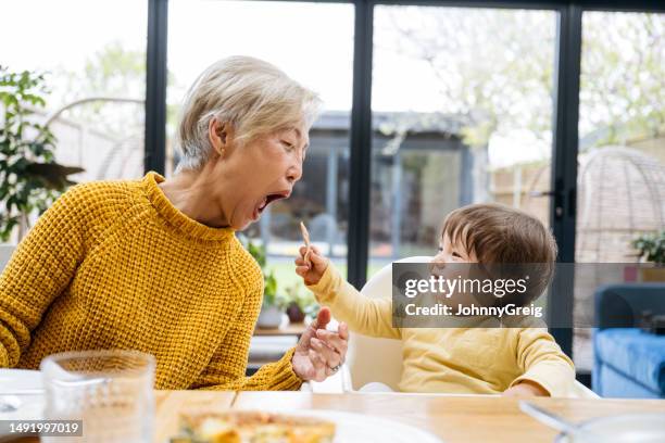 baby grandson feeding his grandmother at dining table - baby chicken bildbanksfoton och bilder