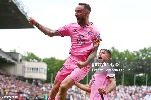 Sergi Darder of RCD Espanyol celebrates after scoring the team's first goal during the LaLiga Santander match between Rayo Vallecano and RCD Espanyol...