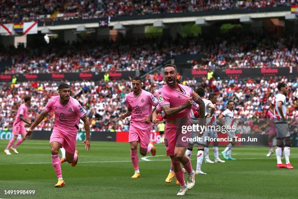 Sergi Darder of RCD Espanyol celebrates after scoring the team's first goal during the LaLiga Santander match between Rayo Vallecano and RCD Espanyol...