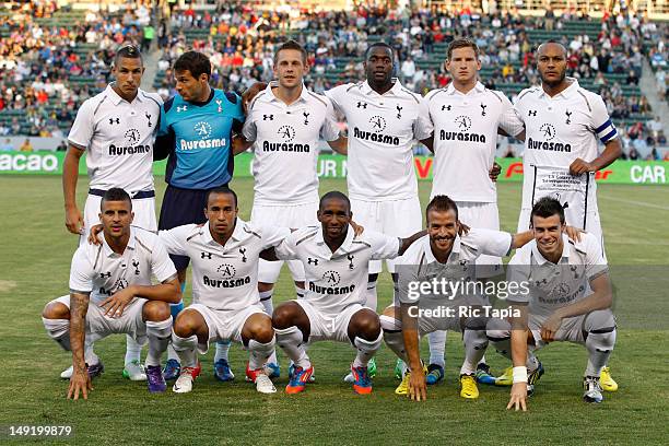Team of Tottenham Hotspur line up prior to the international friendly match against Los Angeles Galaxy at The Home Depot Center on July 24, 2012 in...