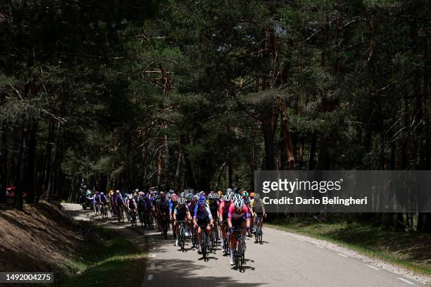 General view of Lorena Wiebes of The Netherlands and Team SD Worx - Purple Leader Jersey leads the peloton passing through a forest landscape during...