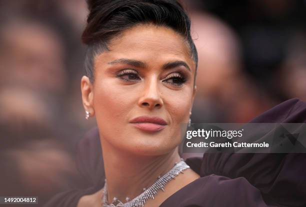 Salma Hayek attends the "Killers Of The Flower Moon" red carpet during the 76th annual Cannes film festival at Palais des Festivals on May 20, 2023...