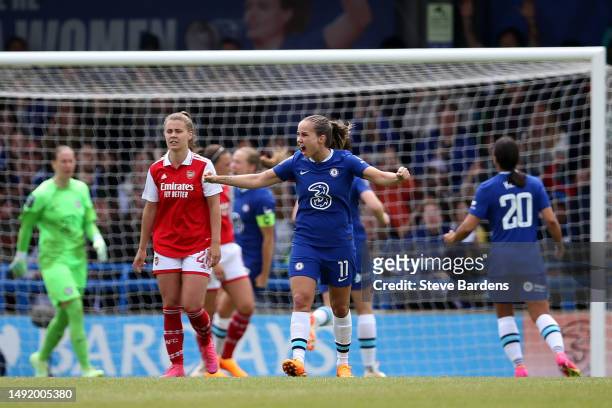 Guro Reiten of Chelsea celebrates after her teammate Ann-Katrin Berger saves a penalty kick from Katie McCabe of Arsenal during the FA Women's Super...