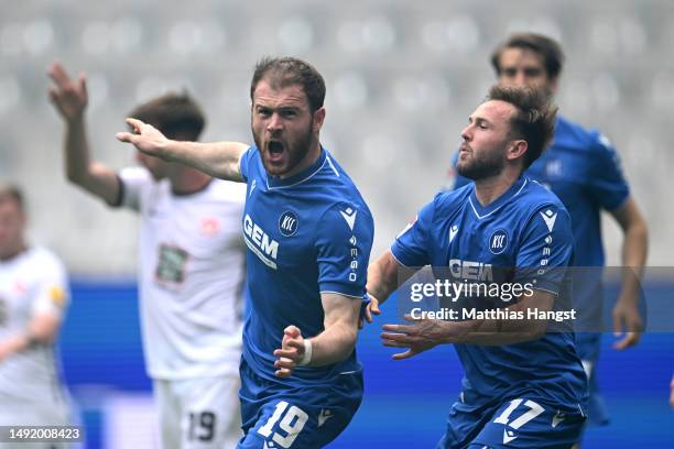 Budu Zivzivadze of Karlsruher SC celebrates after scoring the team's first goal during the Second Bundesliga match between Karlsruher SC and 1. FC...