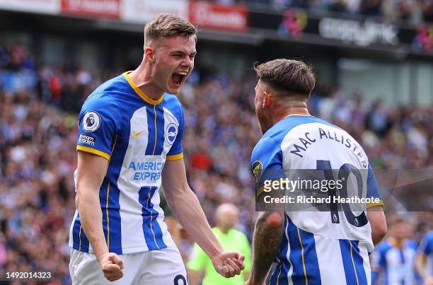 Evan Ferguson of Brighton & Hove Albion celebrates with teammate Alexis Mac Allister after scoring the team's first goal during the Premier League...