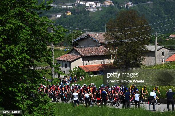 General view of the peloton competing during the 106th Giro d'Italia 2023, Stage 15 a 195km stage from Seregno to Bergamo / #UCIWT / on May 21, 2023...