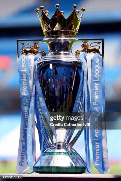 General view of the Premier League trophy prior to the Premier League match between Manchester City and Chelsea FC at Etihad Stadium on May 21, 2023...