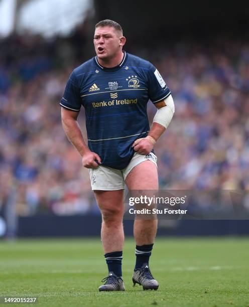 Leinster player Tadhg Furlong reacts during the Heineken Champions Cup Final between Leinster Rugby and Stade Rochelais at Aviva Stadium on May 20,...