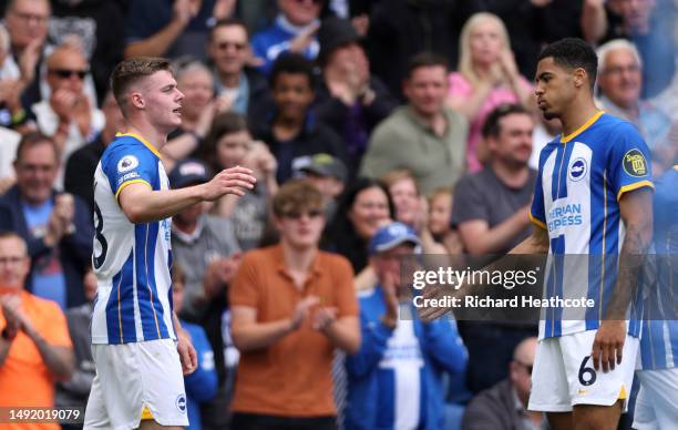 Evan Ferguson of Brighton & Hove Albion celebrates with teammate Levi Colwill after scoring the team's second goal during the Premier League match...