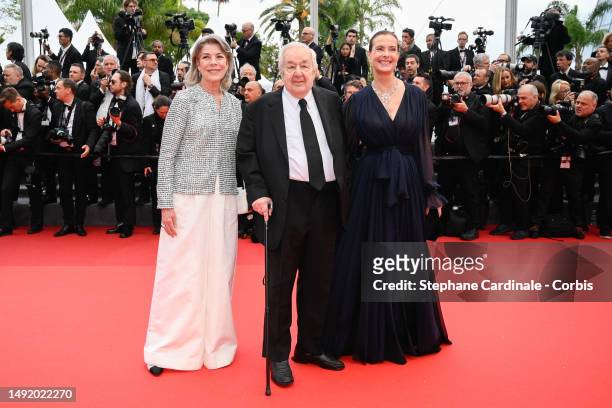 Princess Caroline of Monaco, Paul Rassam and Carole Bouquet attend the "Killers Of The Flower Moon" red carpet during the 76th annual Cannes film...