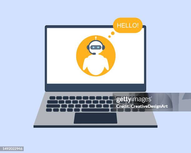 chatbot on laptop screen. artificial intelligence and online robot assistant concept - natural language processing stock illustrations