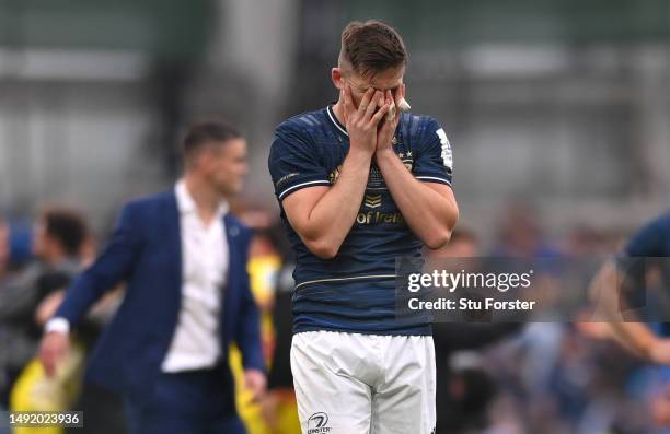 Leinster player Ross Byrne reacts dejectedly on the final whistle during the Heineken Champions Cup Final between Leinster Rugby and Stade Rochelais...