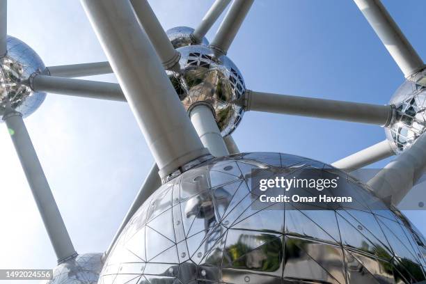 View of the famous Atomium from below the monument on May 21, 2023 in Brussels, Belgium. Renovated between 2004 and 2006, the Atomium - destined not...