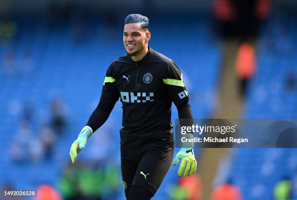 Ederson of Manchester City is seen with blue hair during the warm up prior to the Premier League match between Manchester City and Chelsea FC at...