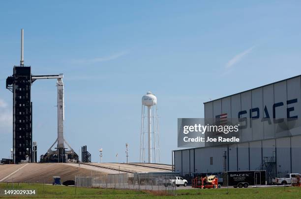 SpaceX Falcon 9 rocket with the Crew Dragon spacecraft is prepared for launch from pad 39A at the Kennedy Space Center on May 21, 2023 in Cape...