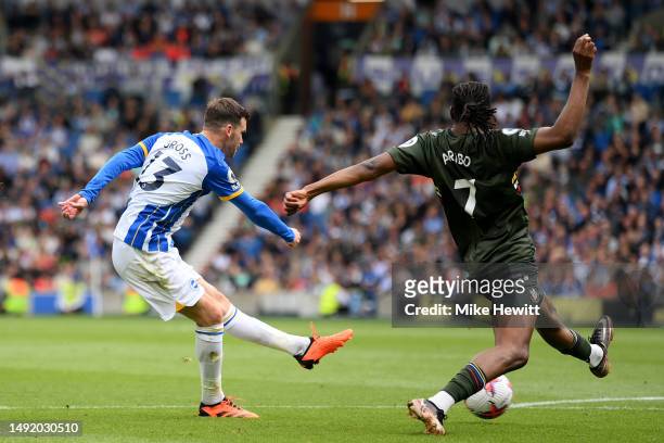 Pascal Gross of Brighton & Hove Albion scores the team's third goal during the Premier League match between Brighton & Hove Albion and Southampton FC...