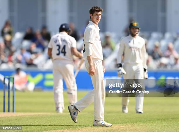 Calvin Harrison of Nottinghamshire celebrates the wicket of Doug Bracewell of Essex during the LV= Insurance County Championship Division 1 match...