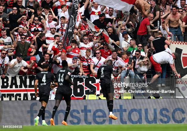 Sehrou Guirassy of VfB Stuttgart celebrates after scoring the team's second goal during the Bundesliga match between 1. FSV Mainz 05 and VfB...