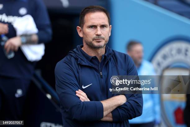 Frank Lampard, Caretaker Manager of Chelsea, looks on prior to the Premier League match between Manchester City and Chelsea FC at Etihad Stadium on...