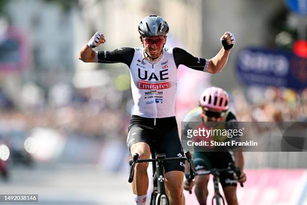 Brandon Mcnulty of The United States and UAE Team Emirates celebrates at finish line as stage winner ahead of Ben Healy of Ireland and Team EF...