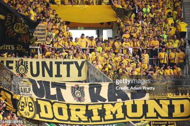 General view of fans of Borussia Dortmund showing their support prior to the Bundesliga match between FC Augsburg and Borussia Dortmund at WWK-Arena...