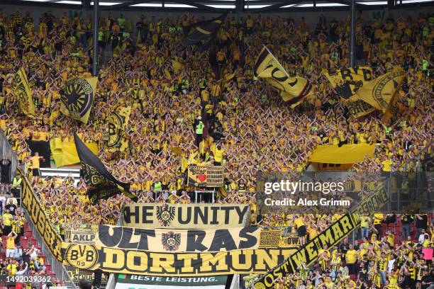 General view of fans of Borussia Dortmund showing their support prior to the Bundesliga match between FC Augsburg and Borussia Dortmund at WWK-Arena...