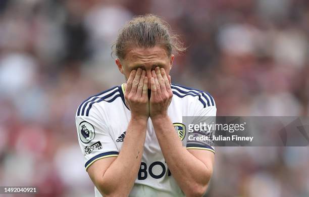 Luke Ayling of Leeds United looks dejected following defeat in the Premier League match between West Ham United and Leeds United at London Stadium on...