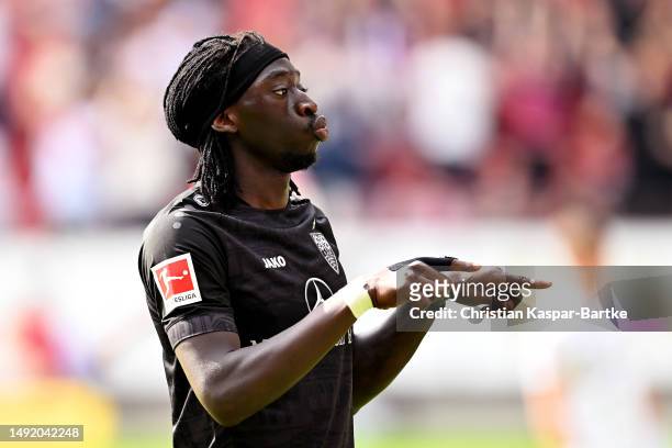 Tanguy Coulibaly of VfB Stuttgart celebrates after scoring the team's fourth goal during the Bundesliga match between 1. FSV Mainz 05 and VfB...