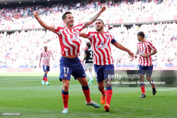 Saul Niguez of Atletico Madrid celebrates after scoring the team's second goal during the LaLiga Santander match between Atletico de Madrid and CA...