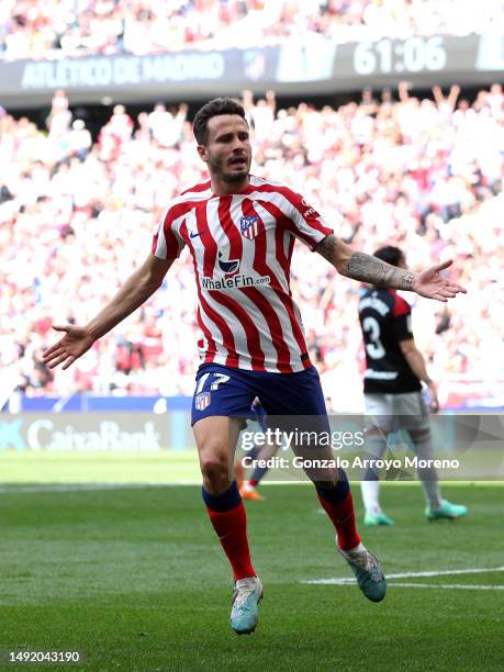 Saul Niguez of Atletico Madrid celebrates after scoring the team's second goal during the LaLiga Santander match between Atletico de Madrid and CA...