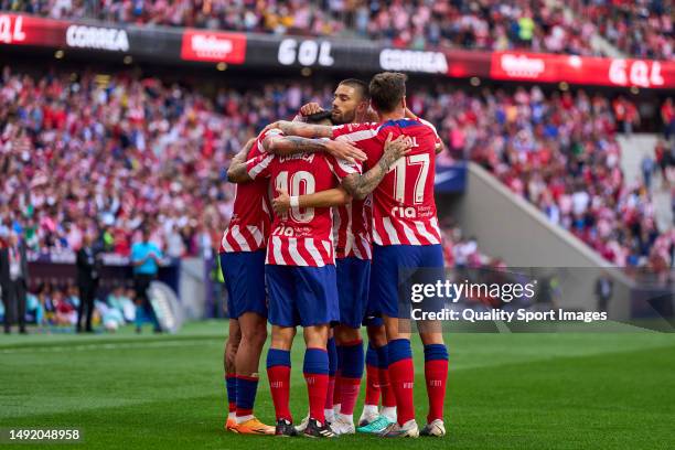 Angel Correa of Atletico de Madrid celebrates after scoring his team's third goal during the LaLiga Santander match between Atletico de Madrid and CA...