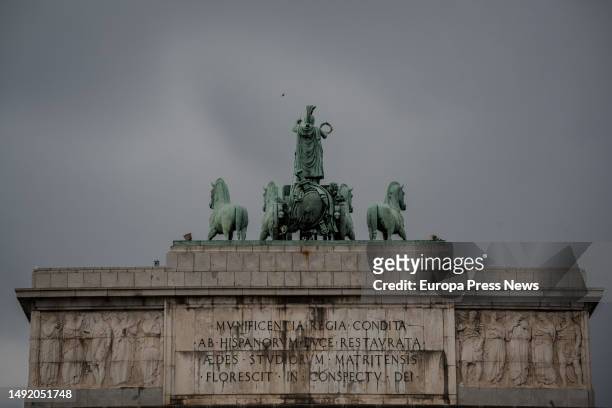 Cloudy skies over the Arco de la Victoria in Moncloa, on 21 May, 2023 in Madrid, Spain. The State Meteorological Agency has activated the warning for...