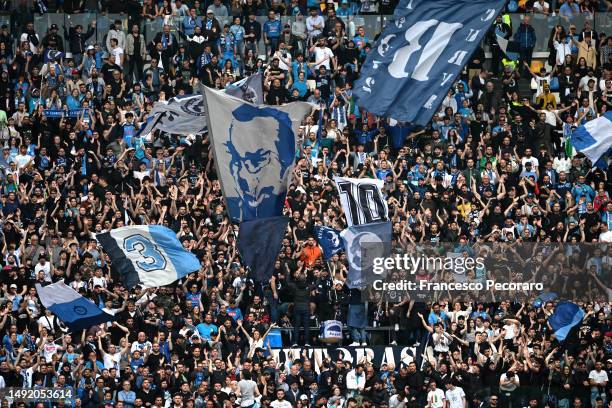 Fans of SSC Napoli show their support during the Serie A match between SSC Napoli and FC Internazionale at Stadio Diego Armando Maradona on May 21,...