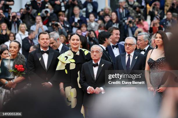 Tantoo Cardinal, Leonardo DiCaprio, Lily Gladstone, Martin Scorsese, Robert De Niro and Cara Jade Myers attend the Cannes Film Festival World...
