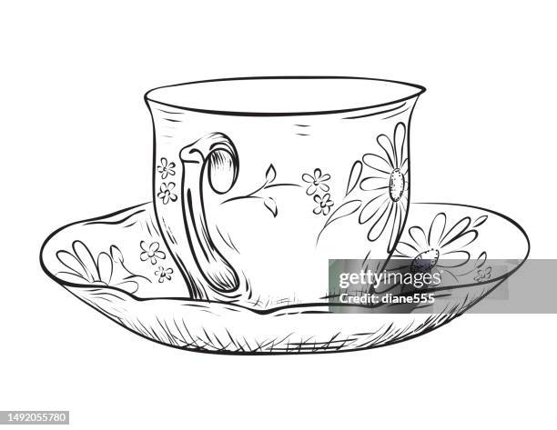 black & white teacup on a transparent background - tea cup stock illustrations