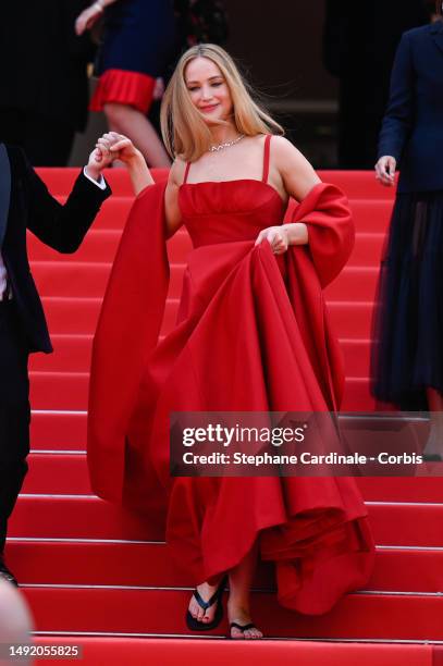 Jennifer Lawrence attends the "Anatomie D'une Chute " red carpet during the 76th annual Cannes film festival at Palais des Festivals on May 21, 2023...