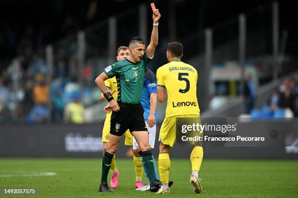 Roberto Gagliardini of FC Internazionale is shown a red card after receiving a second yellow card by Match Referee Livio Marinelli during the Serie A...