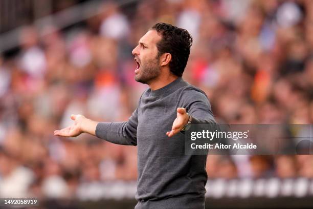 Ruben Baraja, Head Coach of Valencia CF, reacts during the LaLiga Santander match between Valencia CF and Real Madrid CF at Estadio Mestalla on May...