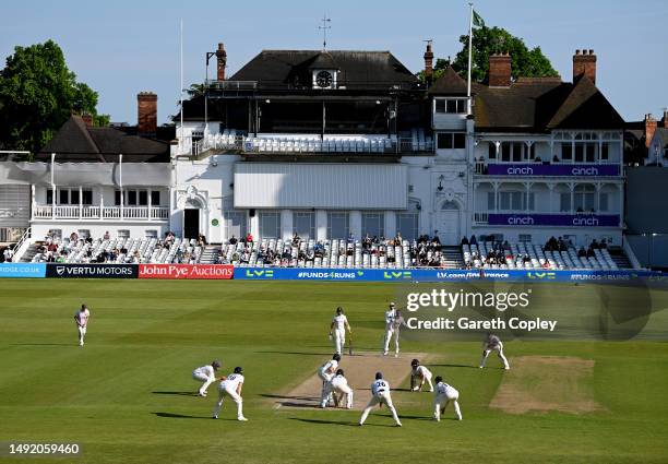 Matt Critchley of Essex bowls to Steven Mullaney of Nottinghamshire during the LV= Insurance County Championship Division 1 match between...