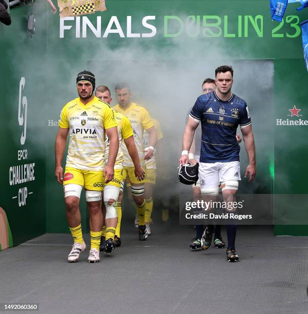 Gregory Alldritt captain of La Rochelle walks out of the tunnel with Leinster Captain James Ryan during the Heineken Cup Champions Cup Final between...